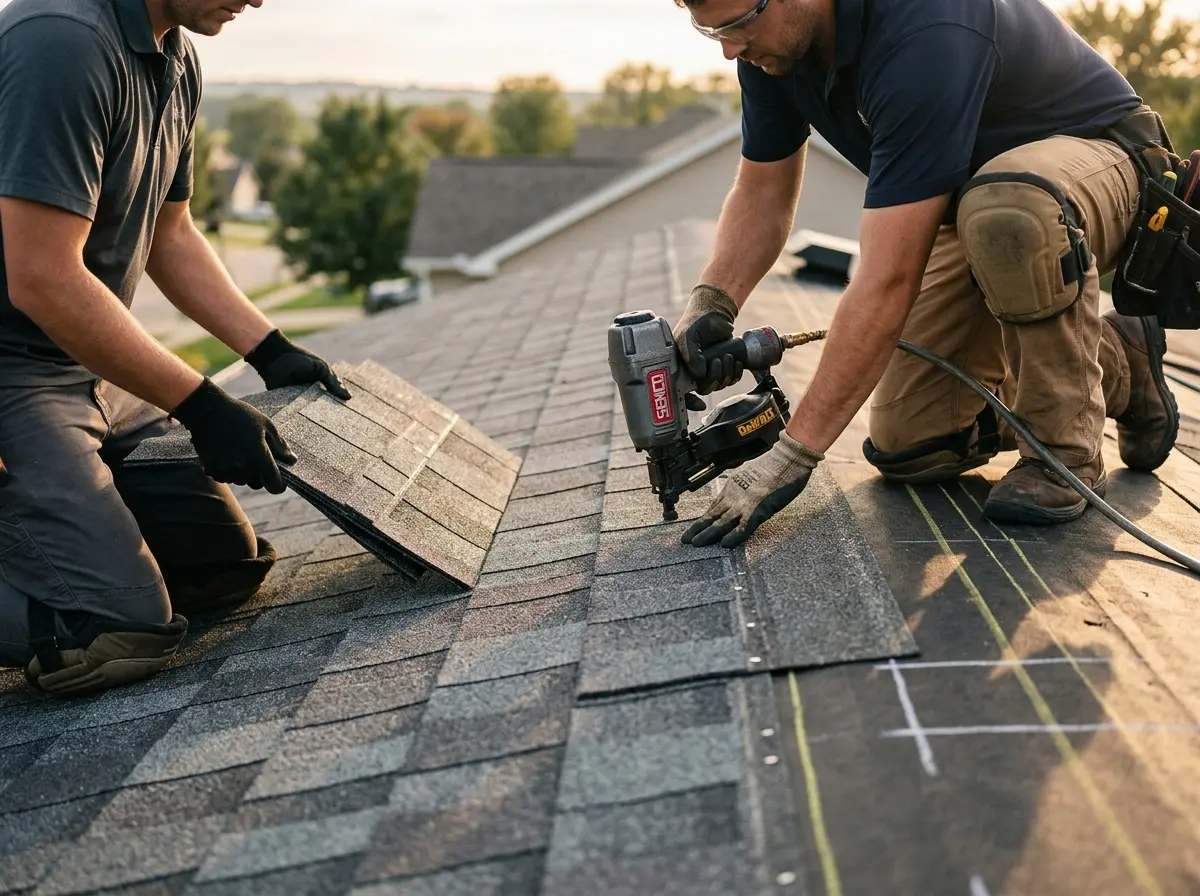 Professional roofer working on a residential roof in Longmont